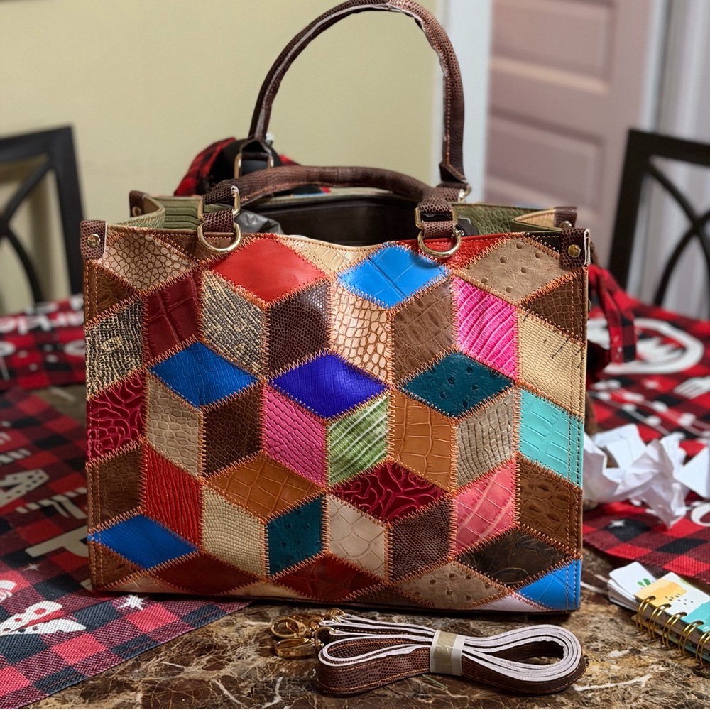 Genuine Leather Geometric Patchwork Leather Tote
